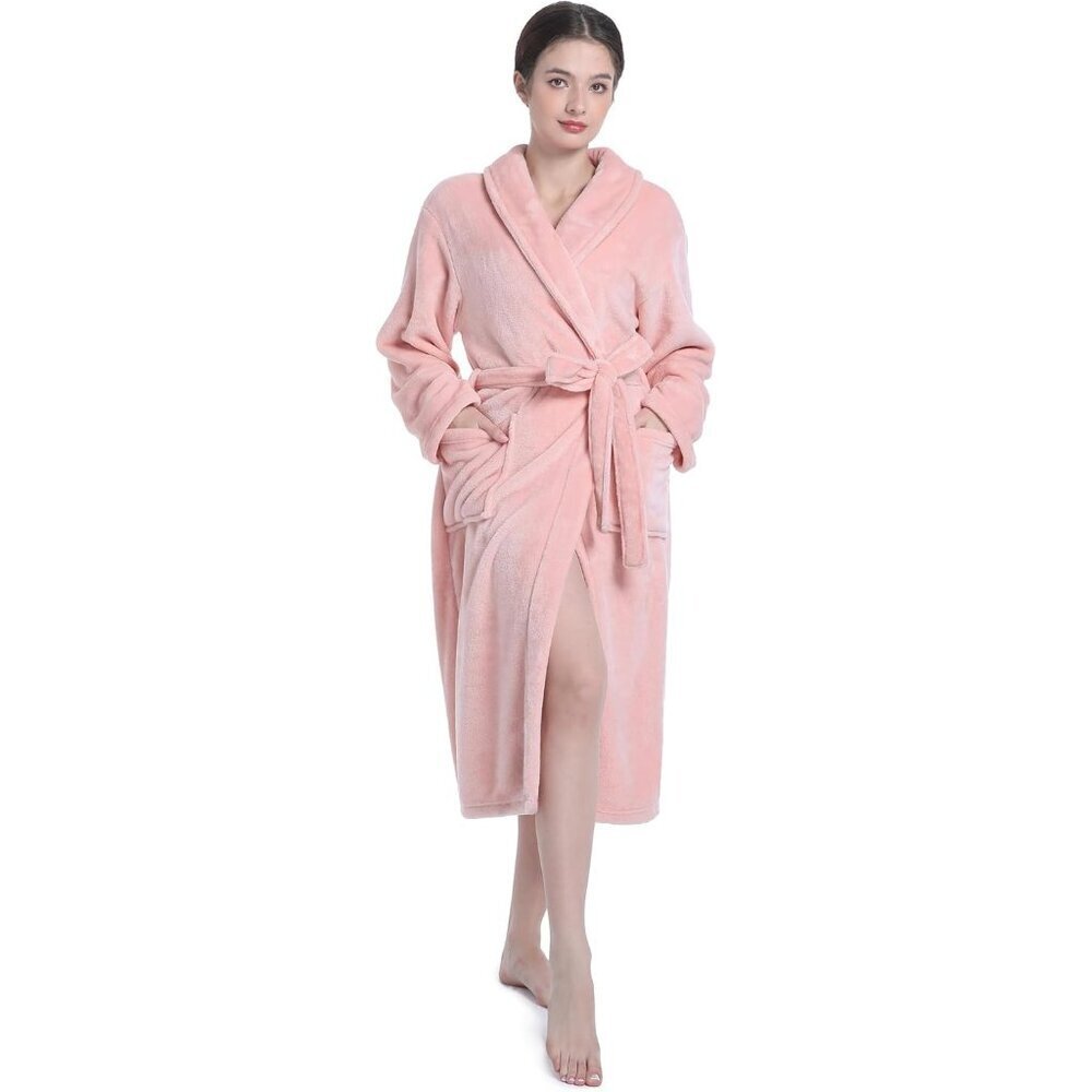 Women's Light pink Plush Soft Fleece Robe - Premium Cozy Warm Bathrobe - Picture 5 of 7
